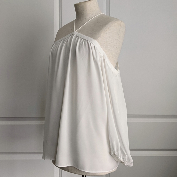 1. State Blouse High Neck Chiffon Sheer Blouson Sleeves Off Shoulder White M NWT - Picture 12 of 14